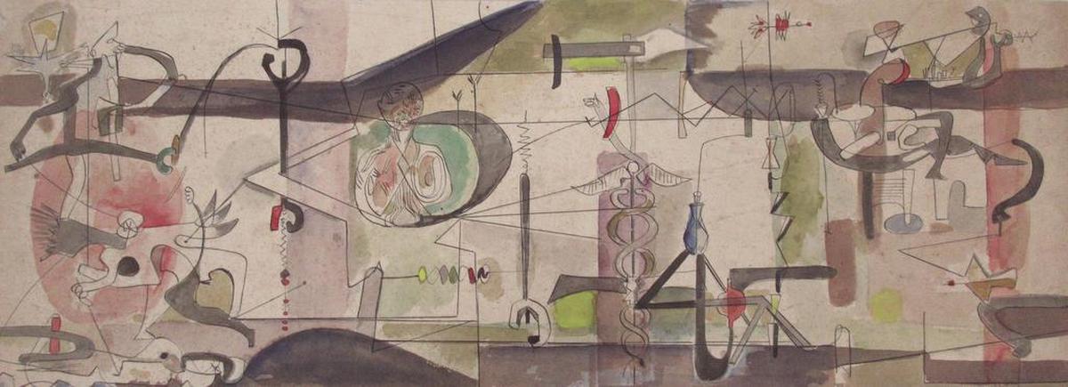 Boceto para mural Historia de la Aviación, ca. 1954. Tinta y acuarela sobre cartón pegado en cartón, 14 ¼ x 30 pulgadas.