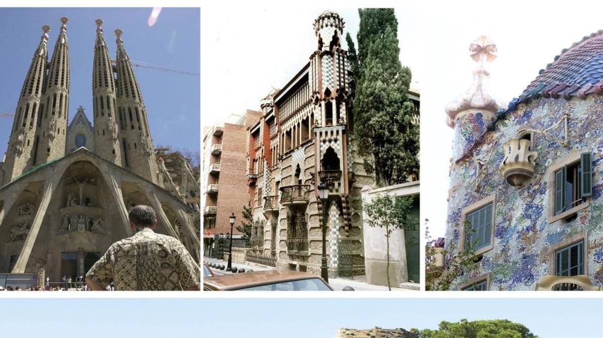 Obras del arquitecto español Antoni Gaudí en la lista del Patrimonio Mundial. En la foto, (de arriba a bajo y de izda a dcha) la fachada de la Natividad, conjunto escultórico de la Sagrada Familia, la Casa Vicens, la Casa Batlló, y la cripta de la colonia Güel.