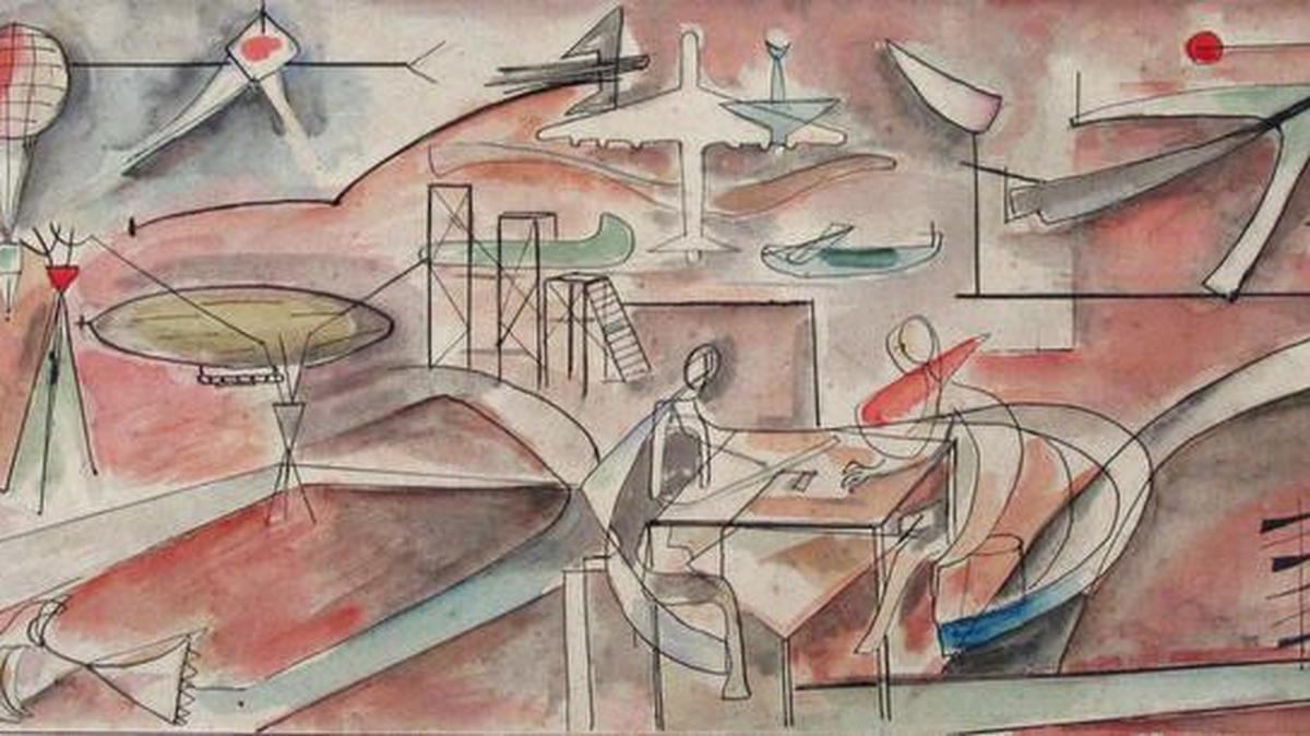 Boceto para mural Historia de la Aviación, ca. 1954. Tinta y acuarela sobre cartón pegado en cartón, 12 1/8 x 30 ¼ pulgadas.