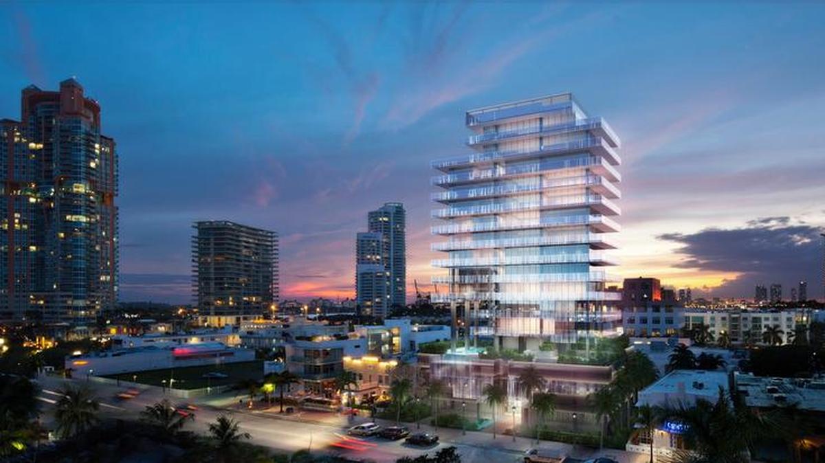 Maqueta digital de Glass, una nueva torre residencial de 18 pisos ubicada en el extremo sur de Miami Beach.
