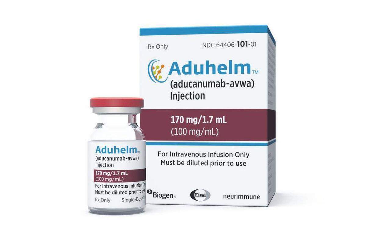 This image provided by Biogen on Monday, June 7, 2021 shows a vial and packaging for the drug Aduhelm. On Monday, June 7, 2021, the Food and Drug Administration&nbsp;approved Aduhelm, the first new medication for Alzheimer’s disease in nearly 20 years, disregarding warnings from independent advisers that the much-debated treatment hasn’t been shown to help slow the brain-destroying disease. (Biogen via AP)