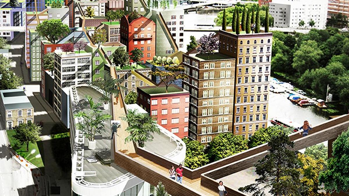 En la imagen una infografía cedida por Anders Berensson Architects, Suecia, en la que se muestra cómo quedarían los caminos del cielo por los diferentes edificios de la ciudad.